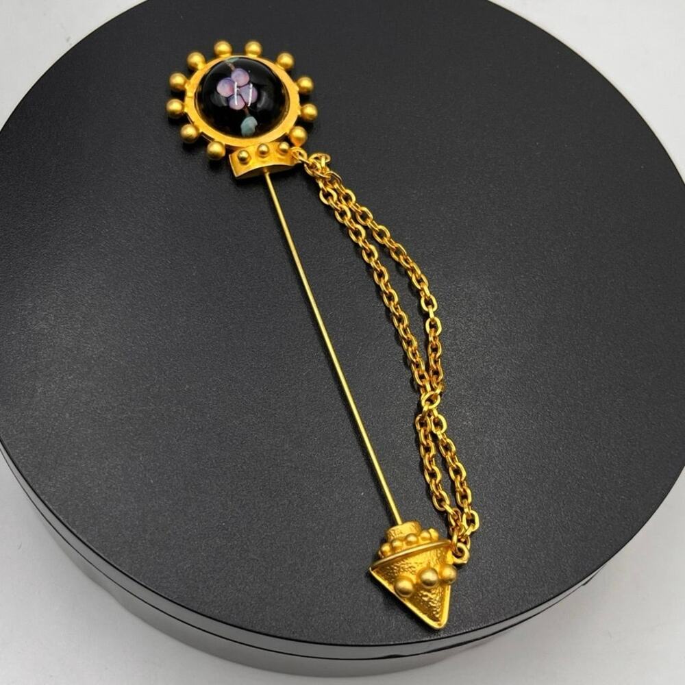Ronnie Livia Mogul Black‎ Glass Purple Flower Chain Drape Scarf Tie Stick Pin